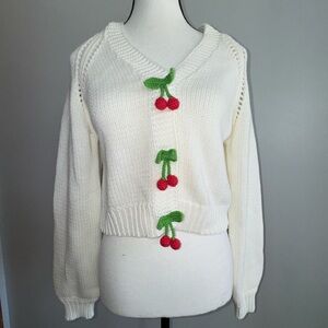 Sincerely Jules NWT Cream Knit Cardigan Crocheted Cherries Cherry Girl Sz Small